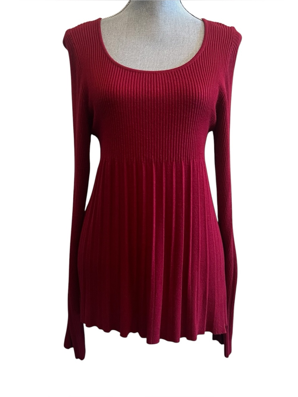 Max Studio Burgundy Red Ribbed Flowy Empire Waist Long Sleeve Top